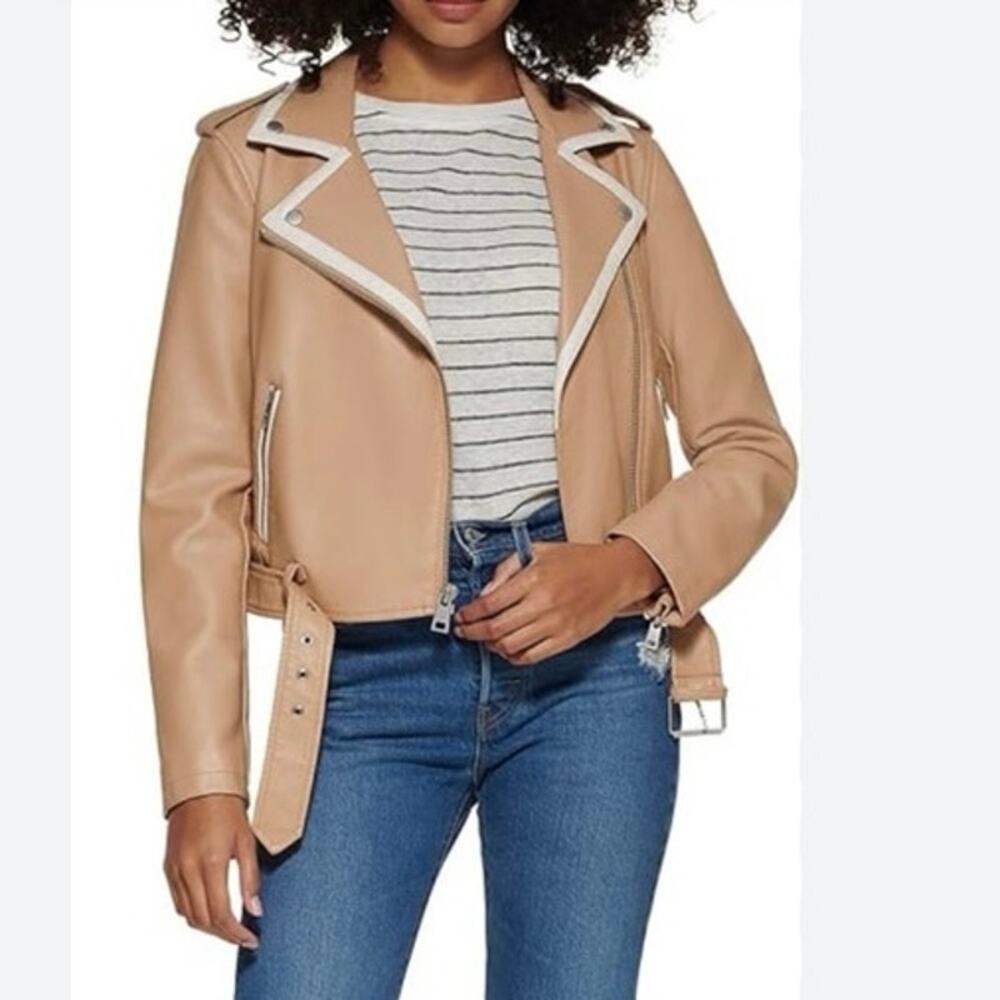 Levis NEW Tan Brown Vegan Leather Moto Jacket‎ Medium White Accents $150 MSRP